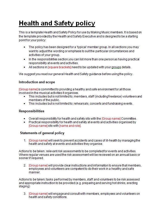Health And Safety Policy Template Free